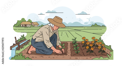 Farmer Planting Seedlings in Field, Rural Landscape Illustration