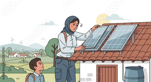 Woman in hijab and boy with solar panels on roof, renewable energy concept
