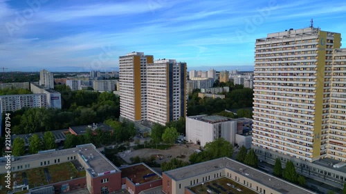 Solar panels on a prefabricated building in Marzahn. Unique aerial view drone