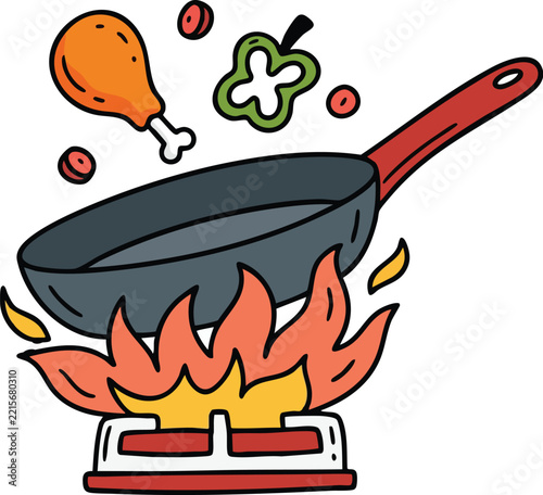 Frying pan with food and flames, a colorful vector illustration.