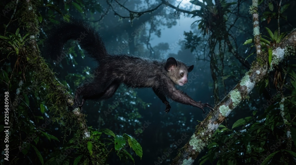 Fototapeta premium An aye-aye leaping between mossy branches in a dark, lush tropical rainforest at night time