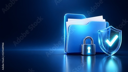 Digital security concept with a glowing blue folder padlock and shield with checkmark on a dark reflective surface