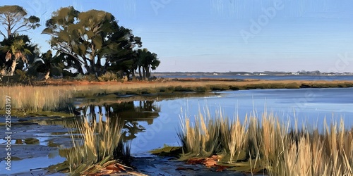 Oil painting of a marsh landscape with trees and water