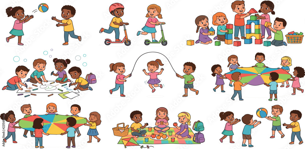 Fototapeta premium Cute diverse children playing outdoor games drawing building blocks jump rope and picnic vector illustration