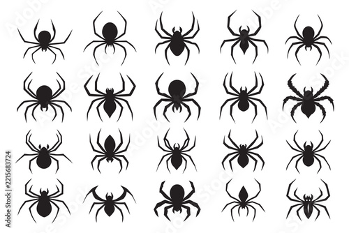 Black Spider Silhouettes Set, Creepy Arachnid Icons for Halloween and Horror Designs. Collection of Black Spider Silhouettes Isolated on White Background. Halloween icon.