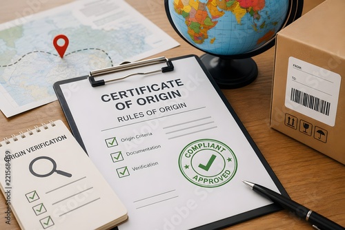 Certificate of origin with map and package for the concept of international trade and logistics.