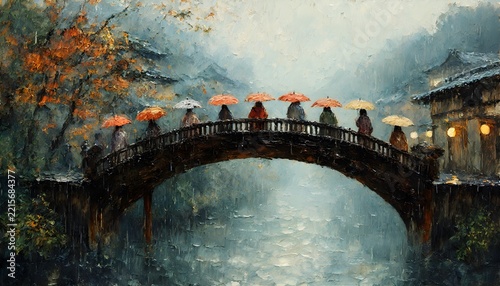 Oil painting of umbrellas crossing an arched bridge in the rain