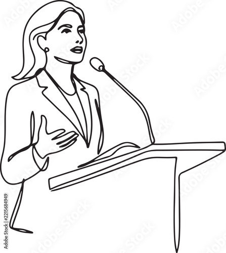 Continuous one line of a businesswoman speaking at podium with microphone, representing leadership, public speaking, and influence.one line vector illustration