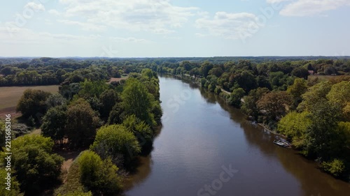 Aerial view along a river in the French countryside