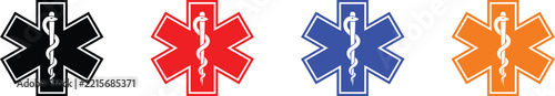 Emergency Medical Star of Life Icons, Asclepius Rod Symbols for EMS, Ambulance Response, Healthcare Rescue, Emergency Services, Paramedic Assistance, Medical Transport, and First Aid
