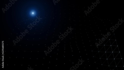 Blue glowing star light with floating particles in dark space