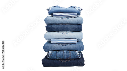 Stack of folded blue denim jeans and baby clothes isolated on transparent background