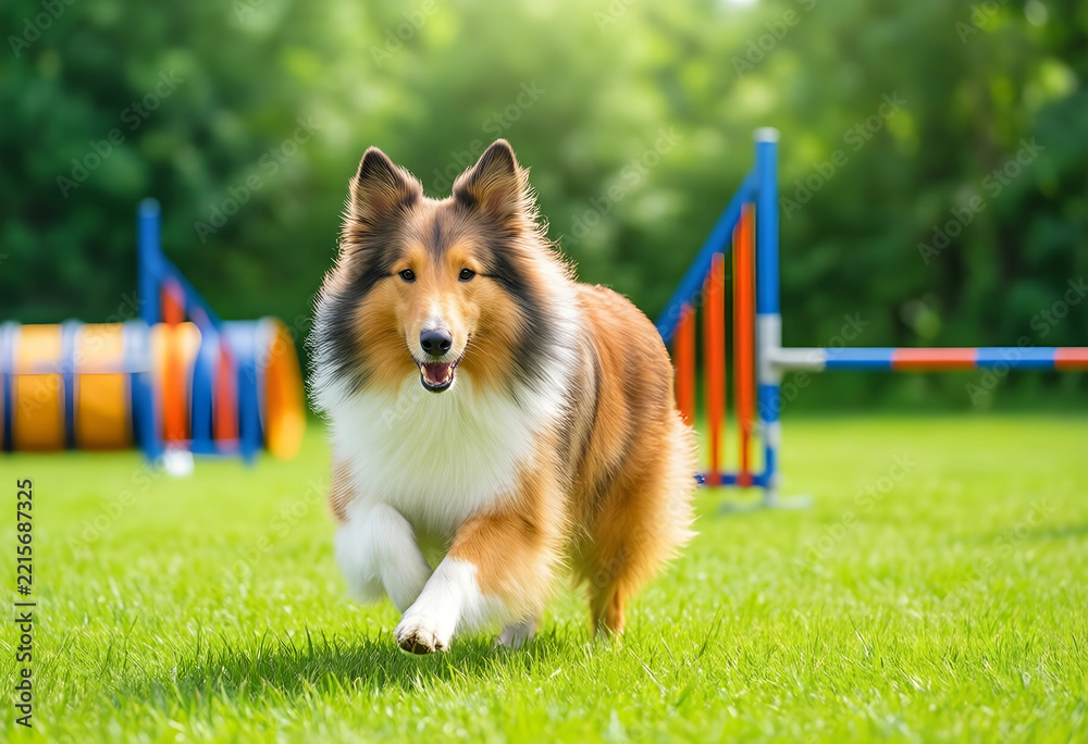 Fototapeta premium Dog agility training, Shetland sheepdog running on grass course with obstacles for pet exercise and active lifestyle in a sunny outdoor park setting