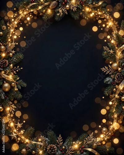 Christmas banner dark background evergreen wreath with pine cone, golden ribbon, ornament, warm light, and glowing bokeh framing elegant festive copy space for seasonal greeting