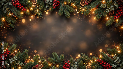 Christmas evergreen berry garland light citrus wreath border bokeh background, warm festive decoration with glowing illumination around dark copy space