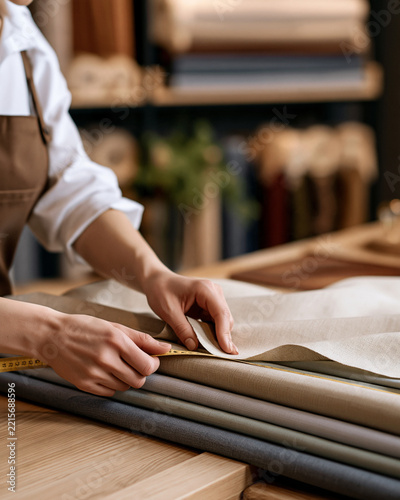 Hands measuring fabric yardage on wooden counter showcasing sewing supply store operations and organized retail workflow