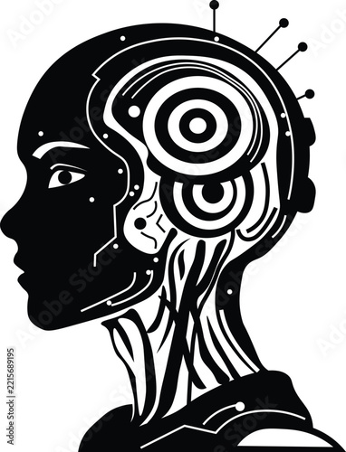 Futuristic cyborg head silhouette vector, artificial intelligence android human profile, cybernetic robot logo icon for tech web design
