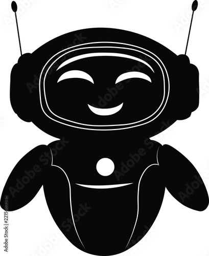 Cute Robot Mascot Silhouette, Friendly Artificial Intelligence Bot Character Vector, Black Cybernetic Assistant Icon
