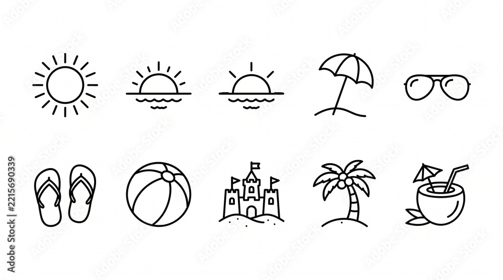 Obraz premium Minimalist summer travel line icons set for vacation and beach holiday