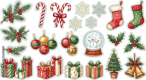 Watercolor christmas ornaments candy canes and evergreen branches on a white background