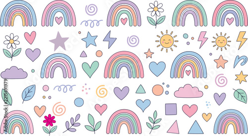 Pastel rainbows flowers and geometric shapes create a whimsical vector pattern