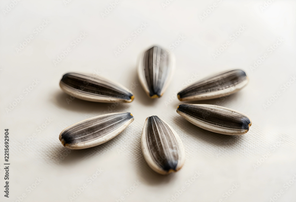 Fototapeta premium Healthy nutrition and organic food concept, sunflower seeds arranged in a flower shape on a neutral textured background for culinary and diet themes