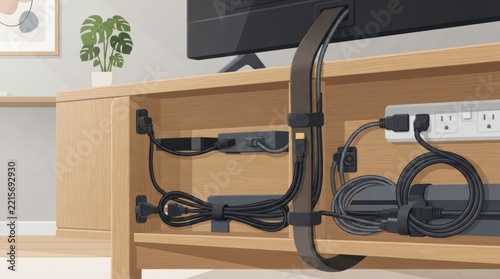 home media cable management closeup Cable management setup with organized wires and power strip on wooden desk