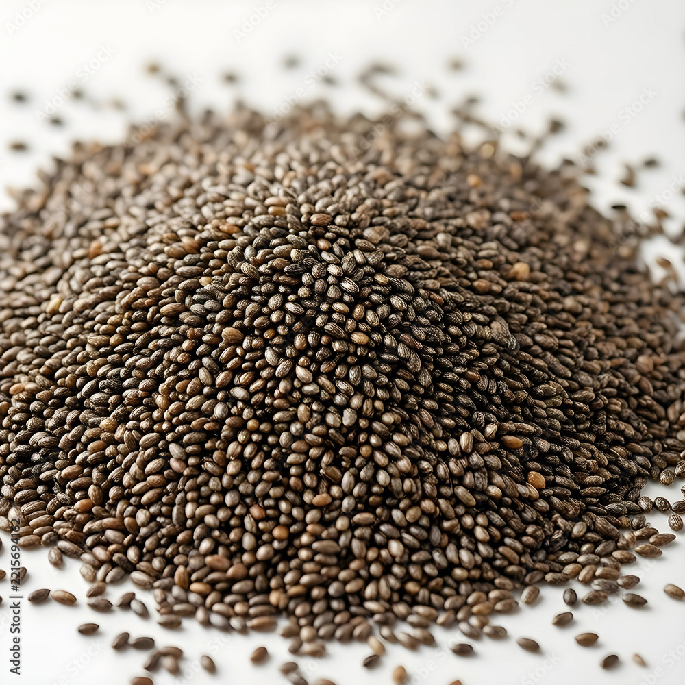 Obraz premium Superfood nutrition and healthy eating, pile of organic chia seeds for vegan diet and wellness lifestyle isolated on a clean white background