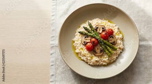 Creamy mushroom risotto with fresh green asparagus and roasted cherry tomatoes served in a round bowl. Easy vegan risotto
