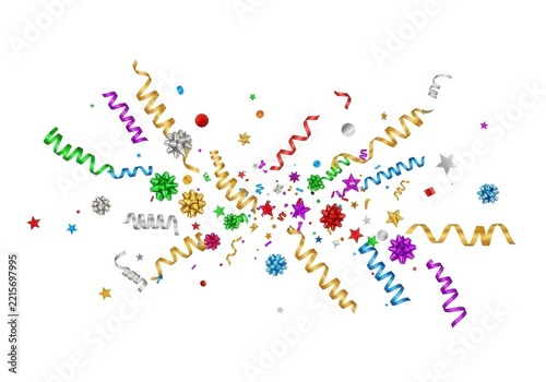 Colorful confetti and streamers celebration isolated on white background
