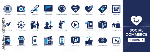 Set of social commerce icons featuring various ecommerce, digital marketing, and online shopping concepts for business websites