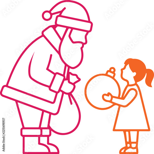 Santa Claus Giving Christmas Ball to Little Girl, Line Art Vector