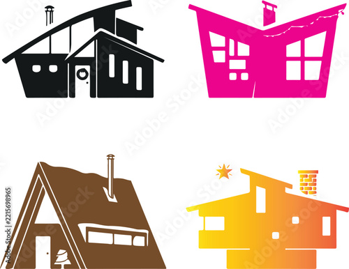 Set of Modern Christmas Houses, Colorful Vector Silhouette Icons