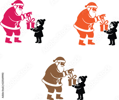 Santa Claus Giving Present to Little Girl in Winter Coat, Vector Silhouette Set