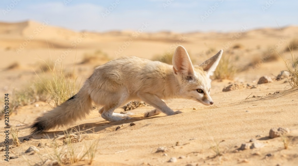Fototapeta premium A fennec fox standing on the golden sand dunes of the Sahara desert under bright daylight