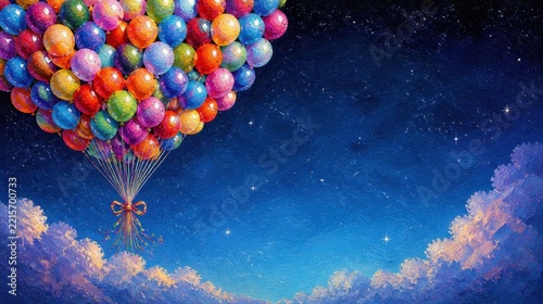 Colorful Balloon Cluster Floating in Night Sky Over Clouds and Stars