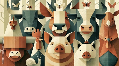 Animal Farm Artistic Wildlife Collage With Geometric Shapes Evoking Curiosity
