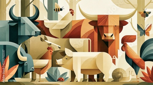 Animal Farm Artistic Wildlife Collage With Geometric Shapes Evoking Curiosity
