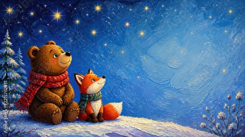 Cute Bear and Fox Sitting on Snowy Landscape Under Starry Winter Sky Artwork