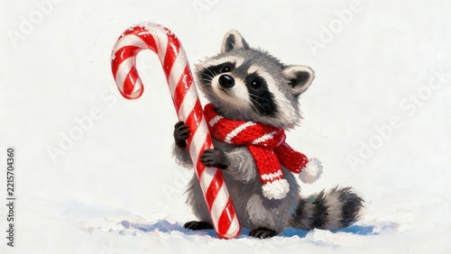 Cute Raccoon Wearing Red Scarf Holding Candy Cane in Snow for Festive Holiday Scene