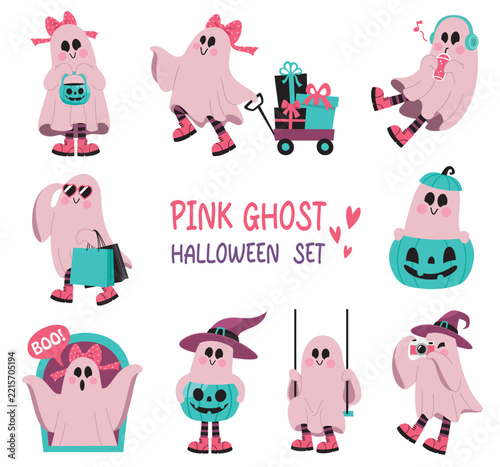 Cute Pink Ghost Halloween Character Set with Pumpkin Witch Costume and Fun Activities