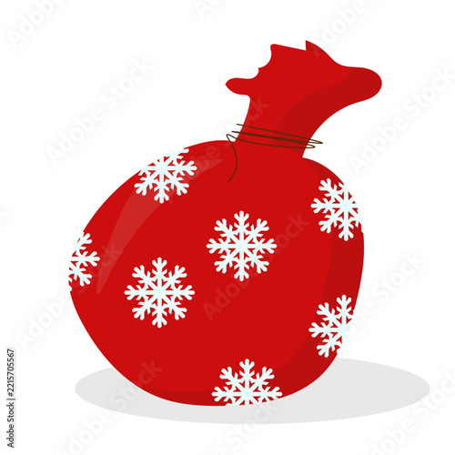 Red festive Christmas gift sack decorated with white snowflakes and tied at the top, seasonal holiday illustration for Christmas cards, packaging, posters and festive designs.