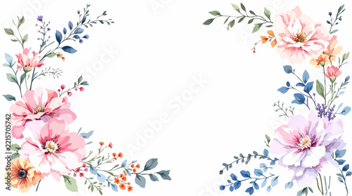 Watercolor spring flower frame set with golden geometric border