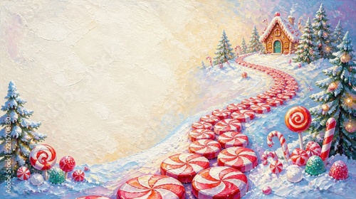 Festive winter scene with candy cane path leading to a cozy snow-covered house