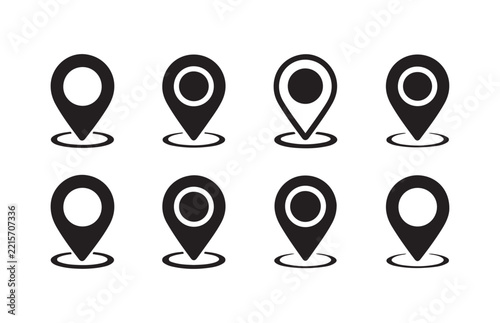 Group of black map location pointer icons with circular highlights for navigation and wayfinding.