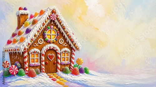 Whimsical Gingerbread House with Candy Decorations in Snowy Landscape
