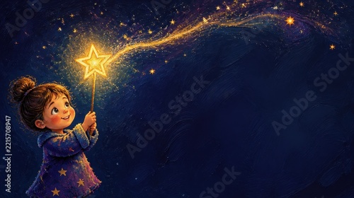 Young girl with a witch's hat holding a glowing magic wand with a star in a fantasy night sky