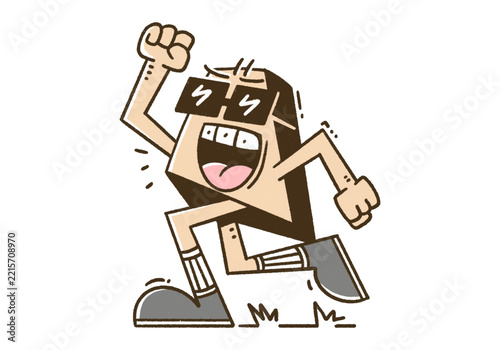 Cool retro geometric character running with excitement wearing sunglasses