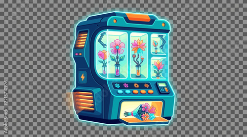 Vending machine dispensing futuristic glowing flowers with teal casing and vibrant blossoms is displayed on a transparent background.