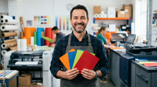 Smiling man holding colorful paper samples in a print shop